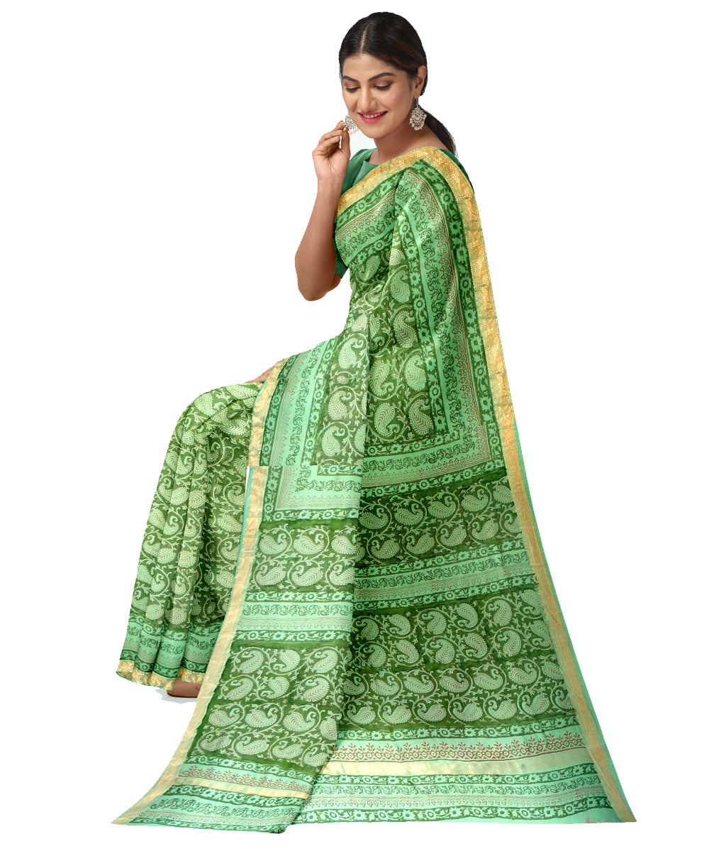 Light green yellow cotton silk hand printed maheshwari saree