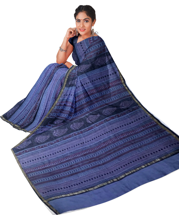 Navy blue grey hand printed chanderi cotton silk saree