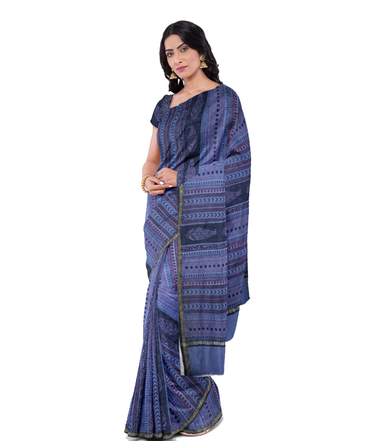 Navy blue grey hand printed chanderi cotton silk saree