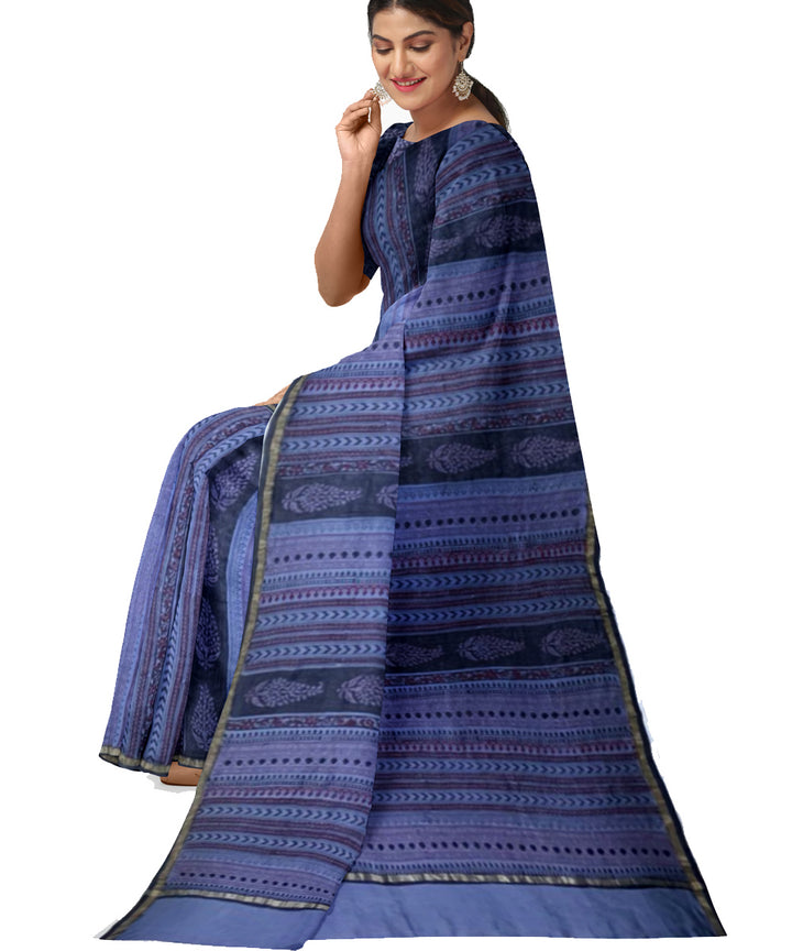Navy blue grey hand printed chanderi cotton silk saree