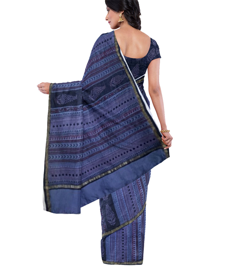 Navy blue grey hand printed chanderi cotton silk saree