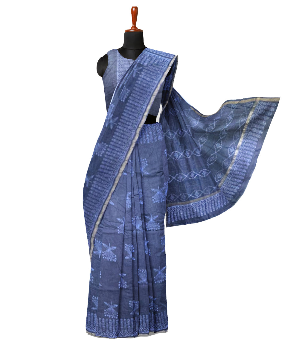 Navy blue grey cotton silk hand printed chanderi saree