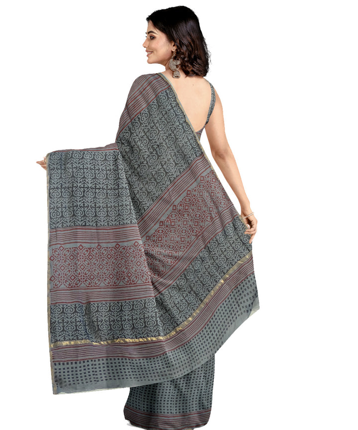 Grey brown cotton silk hand printed chanderi saree
