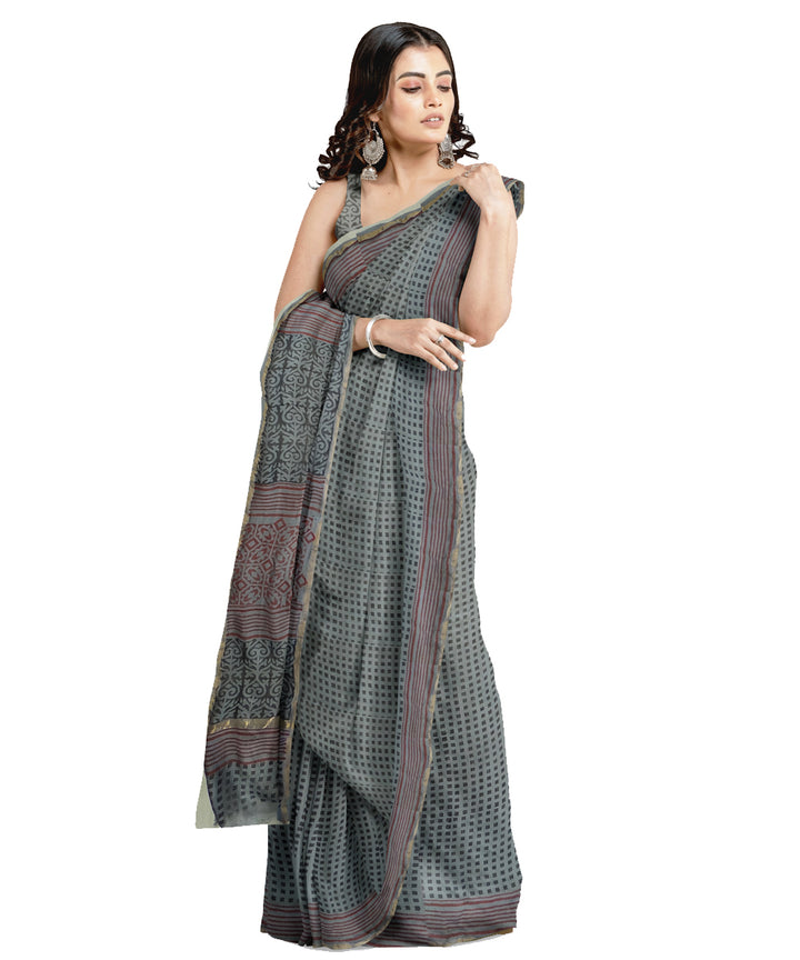 Grey brown cotton silk hand printed chanderi saree
