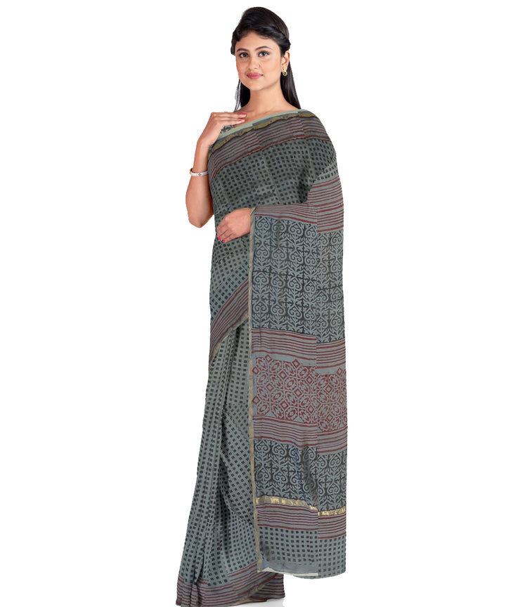 Grey brown cotton silk hand printed chanderi saree