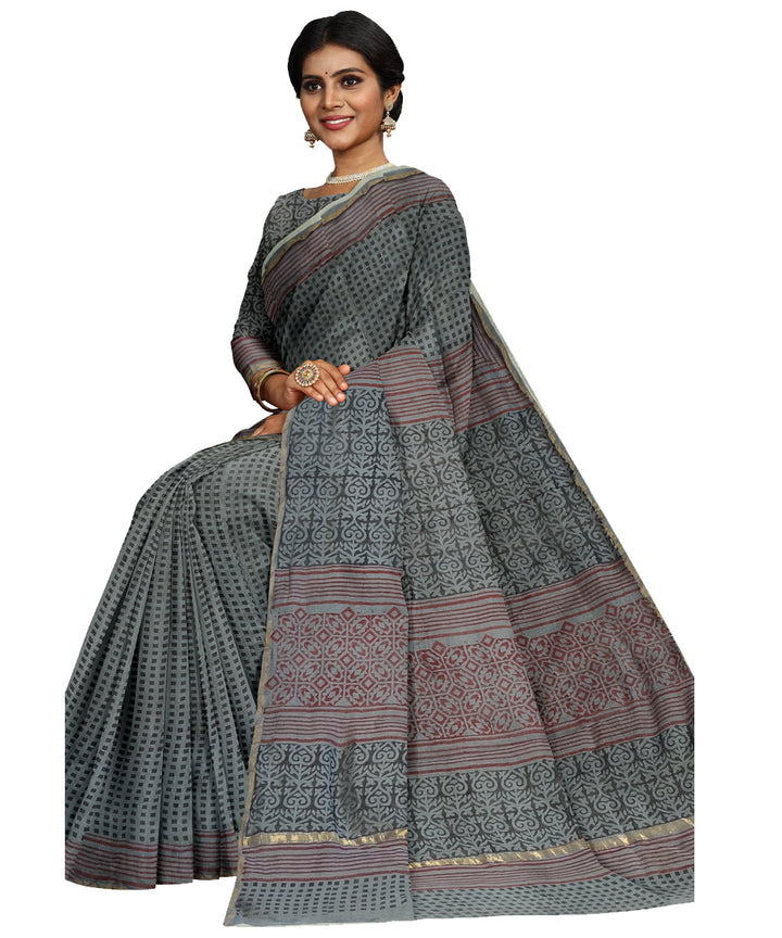 Grey brown cotton silk hand printed chanderi saree