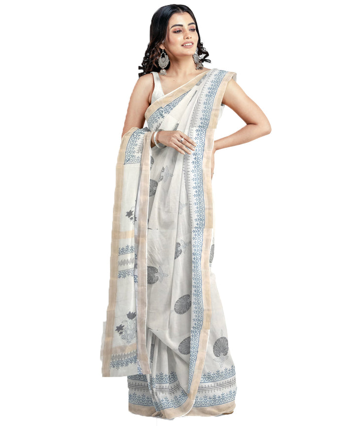 Offwhite grey cotton silk hand printed maheshwari saree