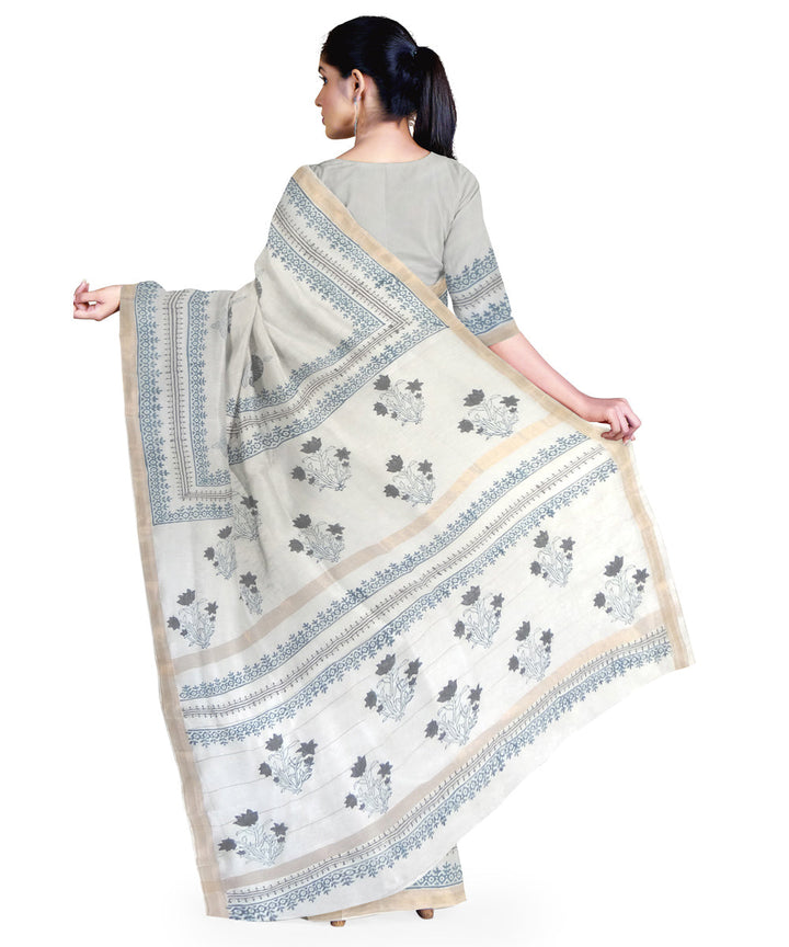 Offwhite grey hand printed maheshwari cotton silk saree