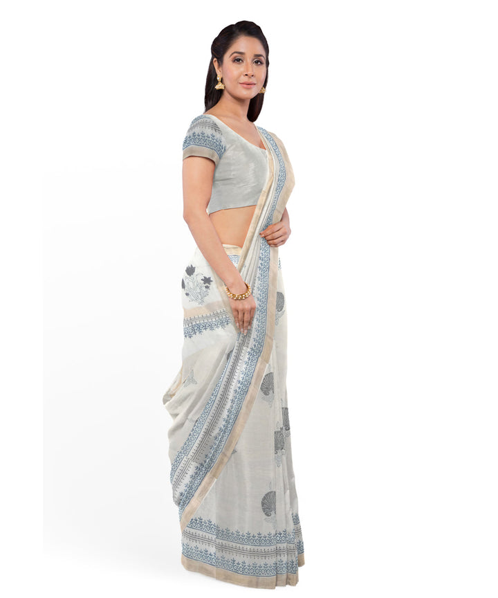 Offwhite grey hand printed maheshwari cotton silk saree