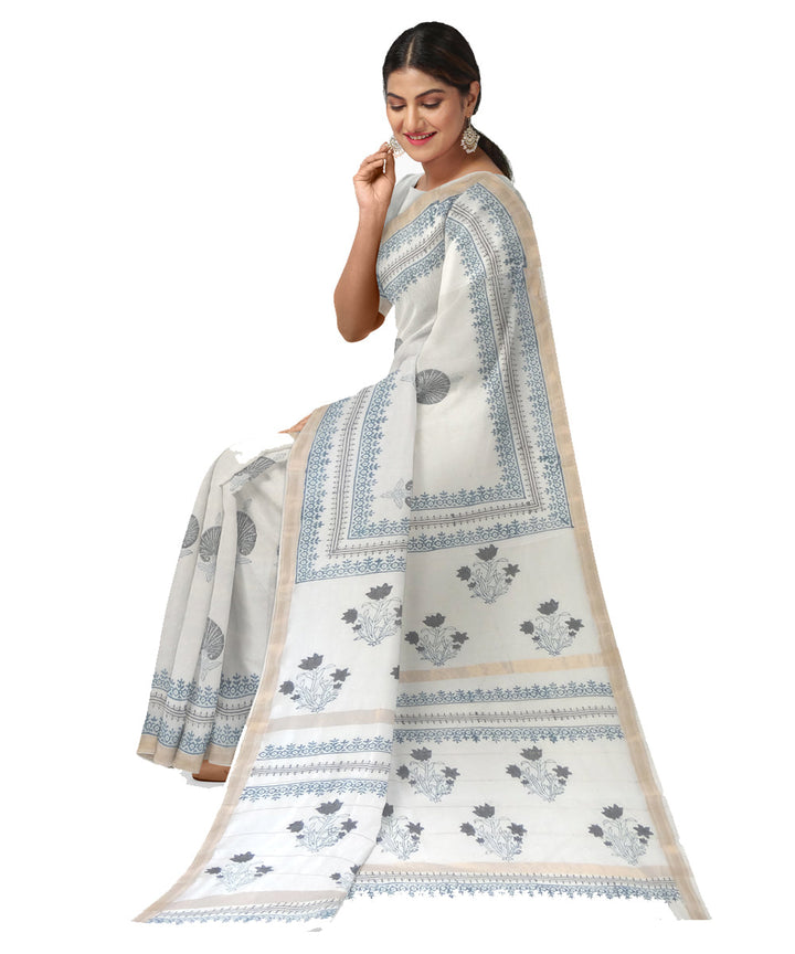 Offwhite grey hand printed maheshwari cotton silk saree