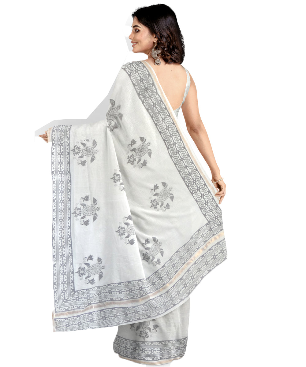 Offwhite grey cotton silk hand printed chanderi saree