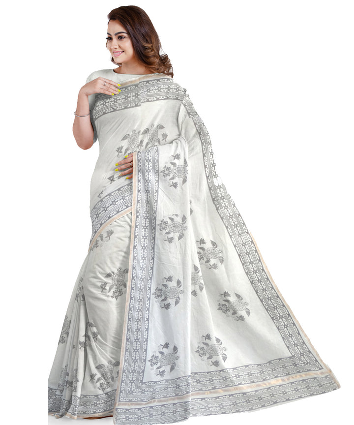 Offwhite grey cotton silk hand printed chanderi saree
