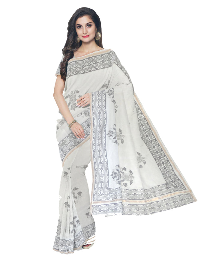 Offwhite grey cotton silk hand printed chanderi saree