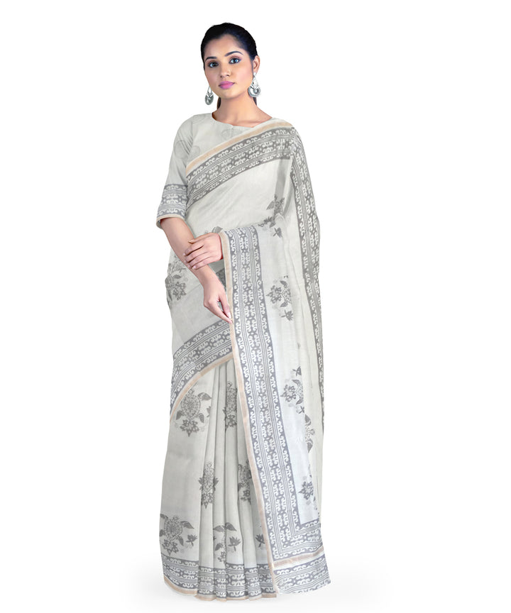 Offwhite grey cotton silk hand printed chanderi saree