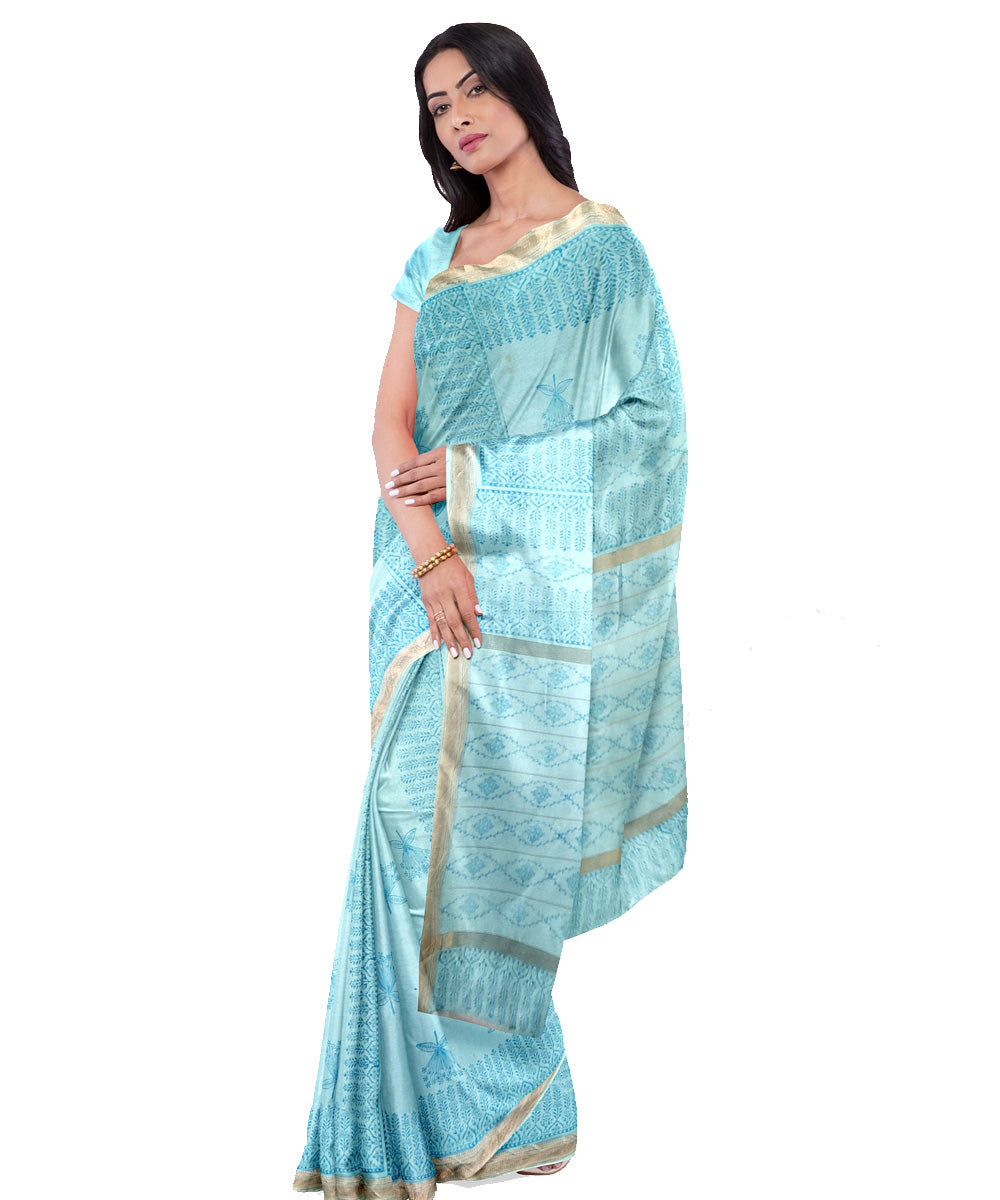 Sky blue hand printed maheshwari cotton silk saree