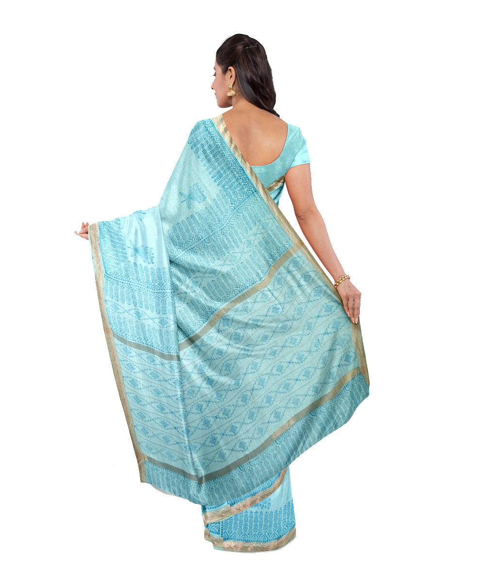 Sky blue hand printed maheshwari cotton silk saree