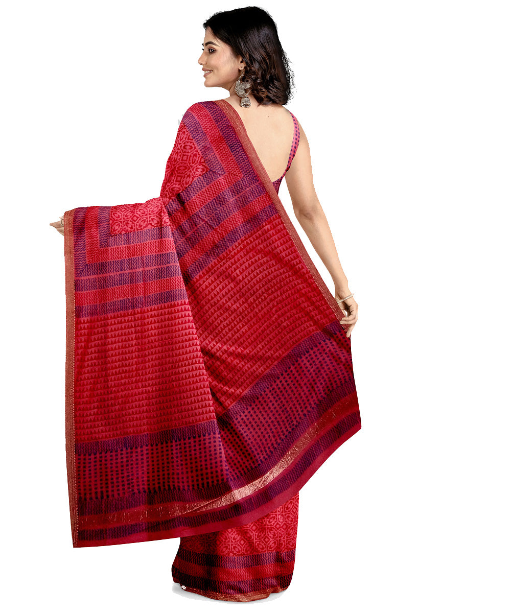 Red hand printed maheshwari cotton silk saree