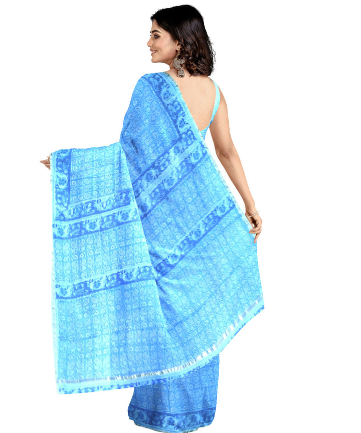 Sky blue cotton silk hand printed maheshwari saree