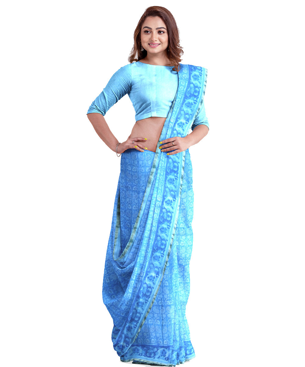 Sky blue cotton silk hand printed maheshwari saree