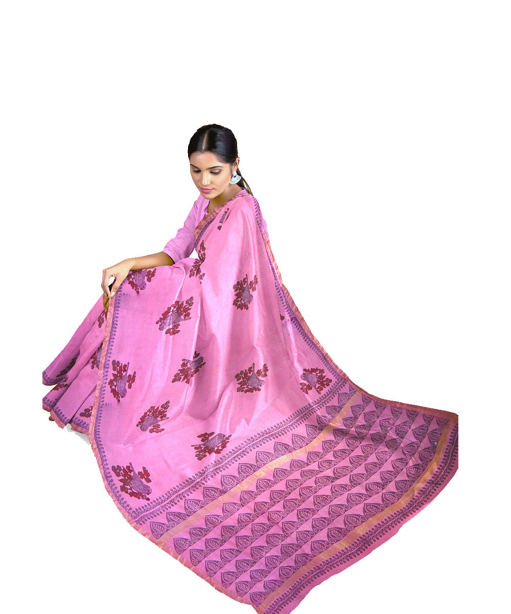 Pink hand printed maheshwari cotton silk saree