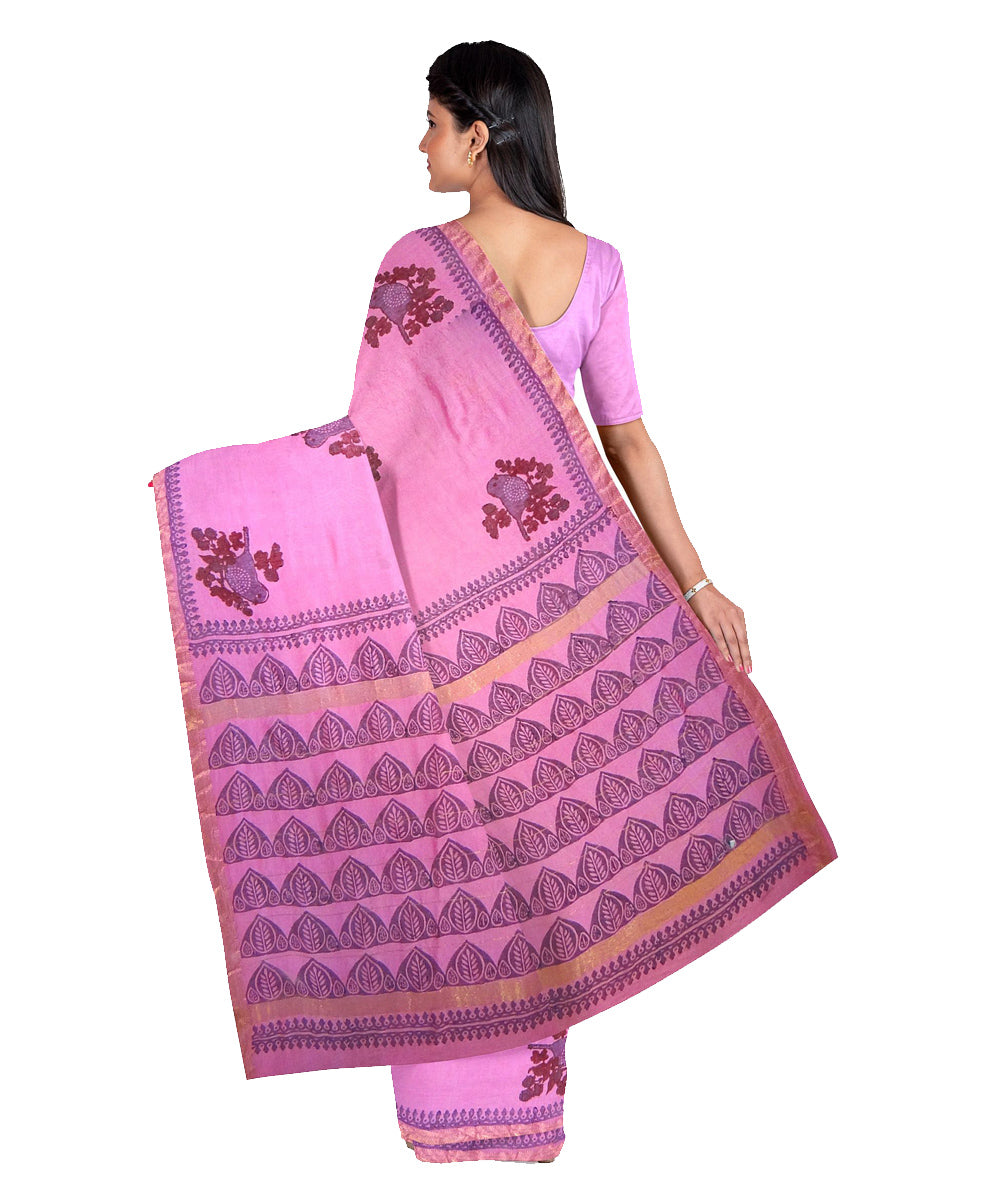 Pink hand printed maheshwari cotton silk saree