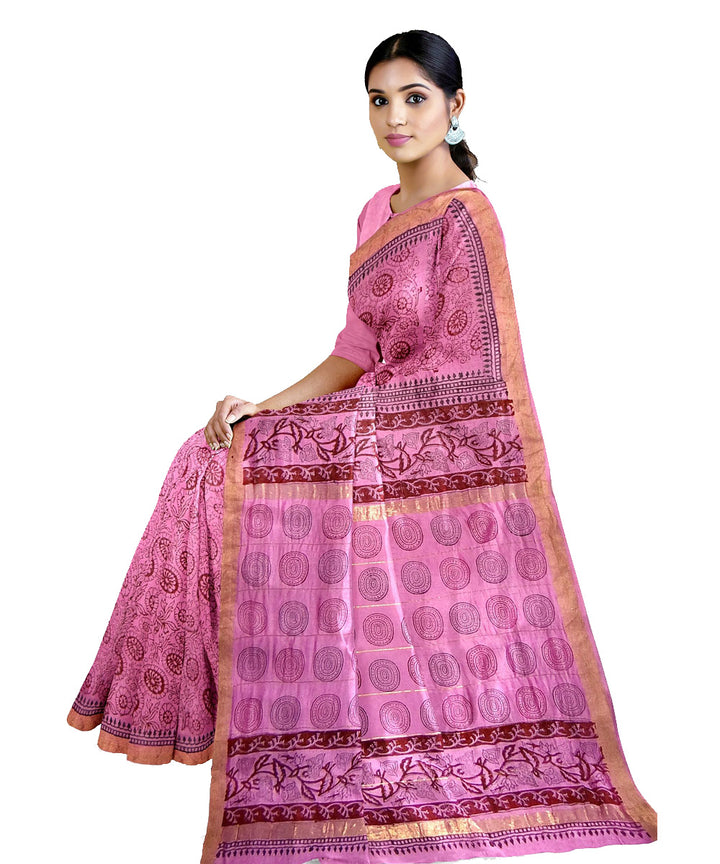 Pink cotton silk hand printed maheshwari saree