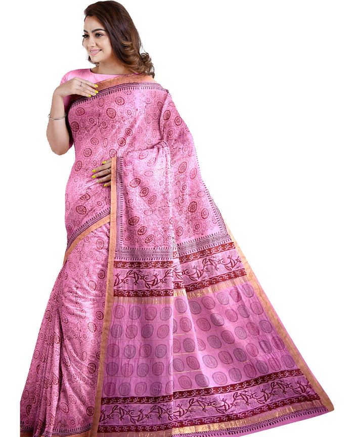 Pink cotton silk hand printed maheshwari saree