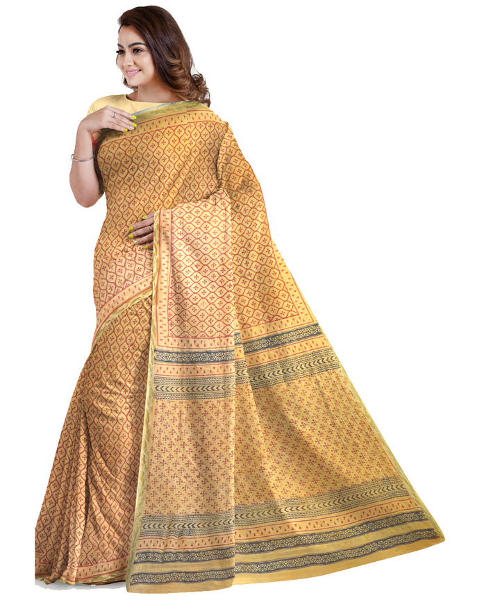 Yellow cotton silk hand printed maheshwari saree