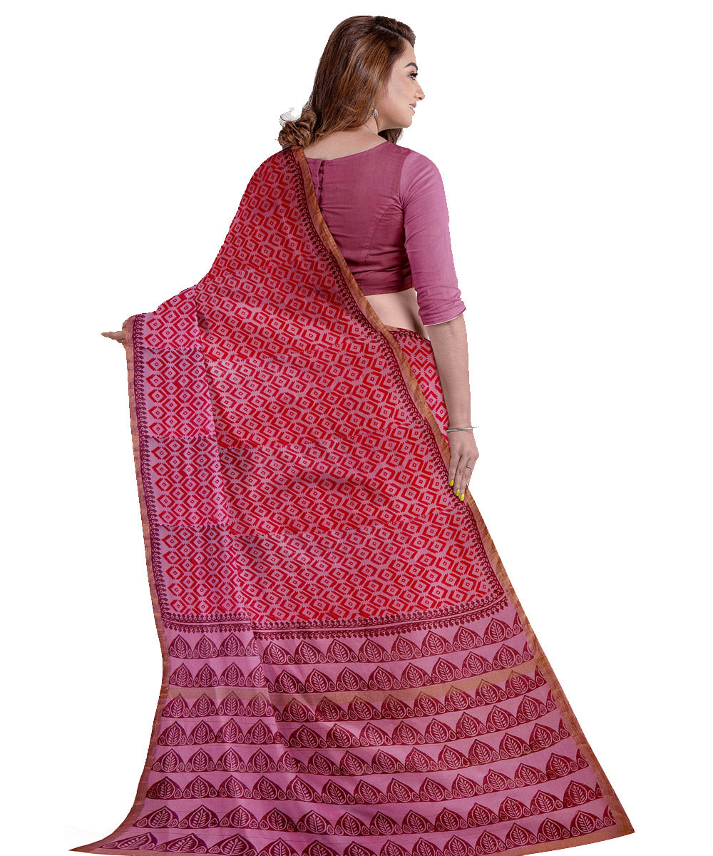Red cotton silk hand printed maheshwari saree