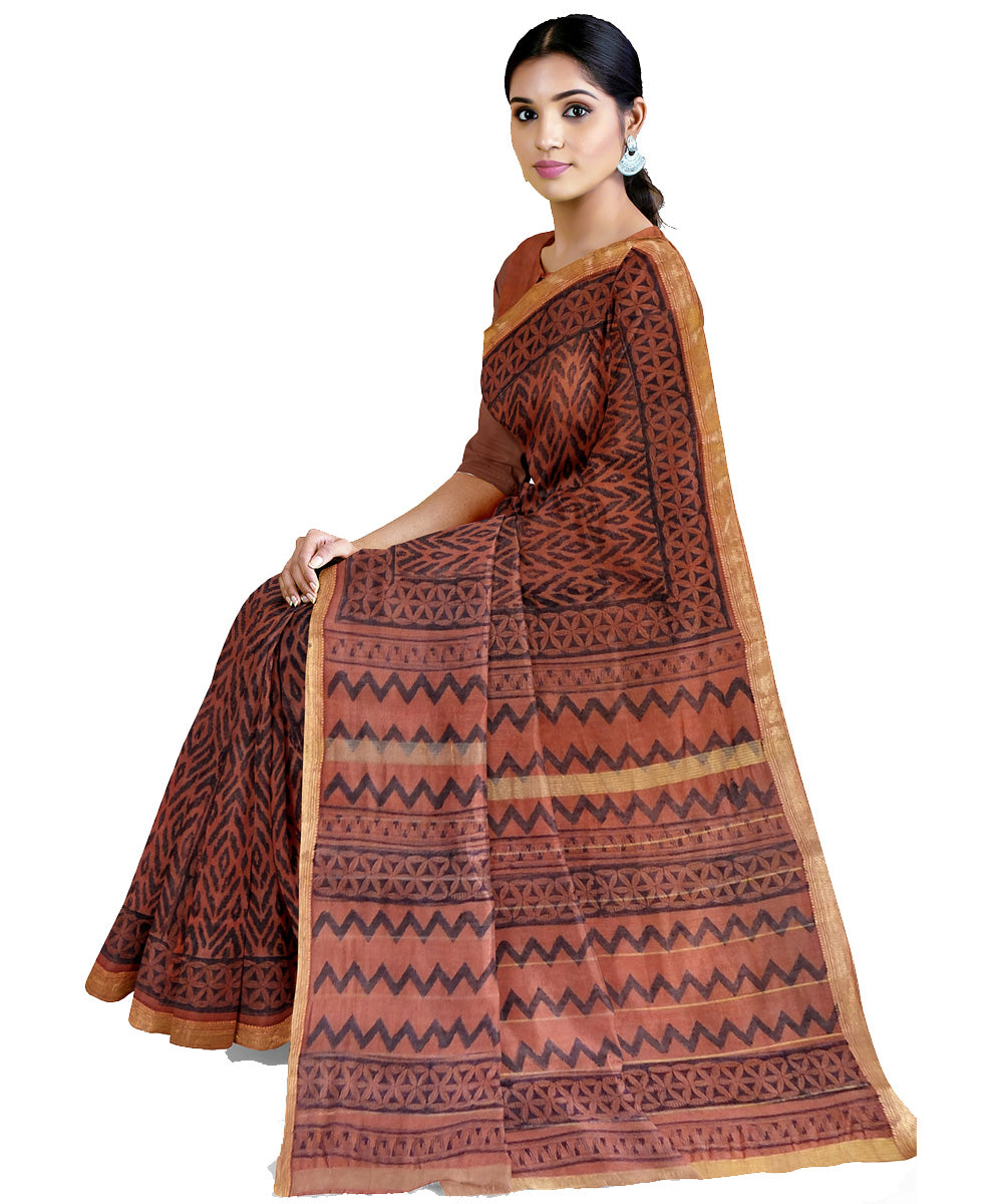 Brown cotton silk hand printed maheshwari saree