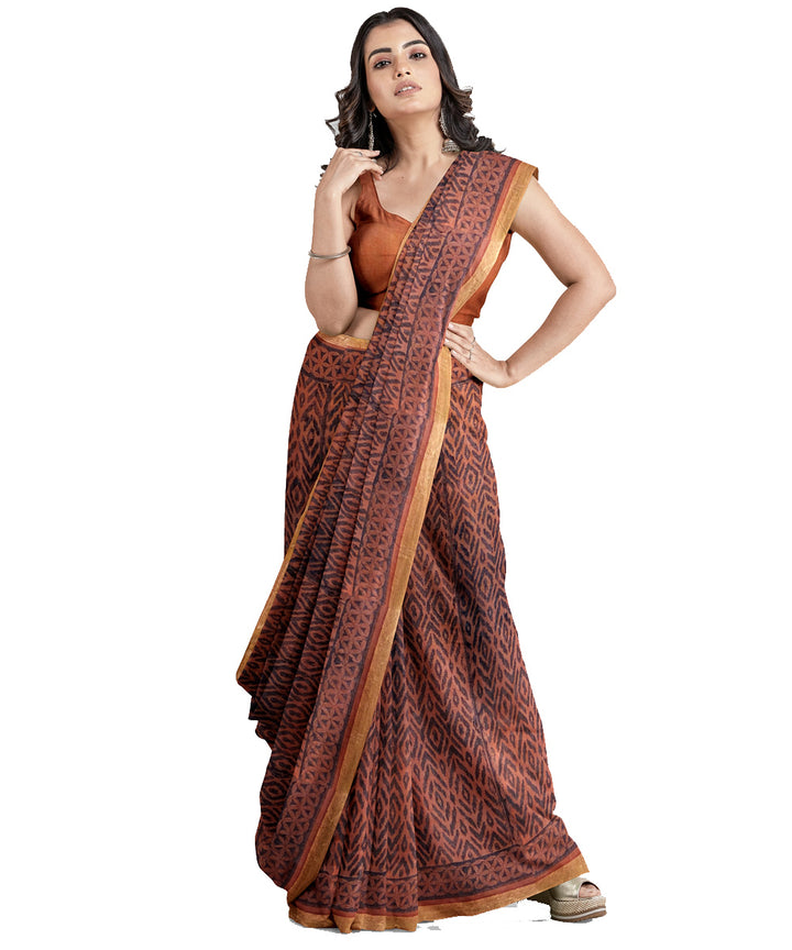 Brown cotton silk hand printed maheshwari saree