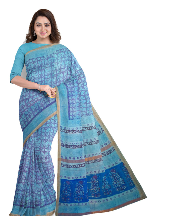 Sky blue dark blue cotton silk hand printed maheshwari saree