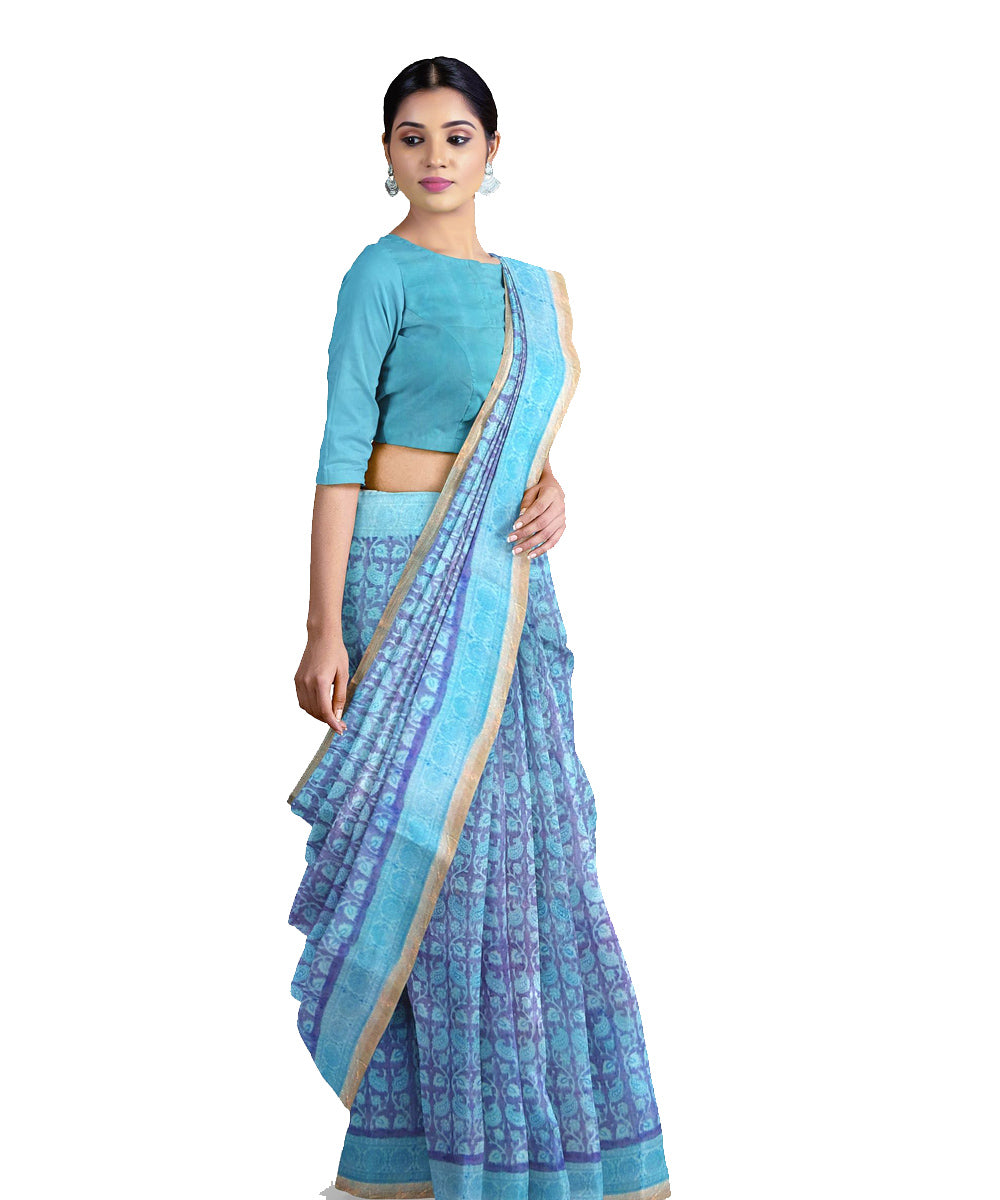 Sky blue dark blue cotton silk hand printed maheshwari saree