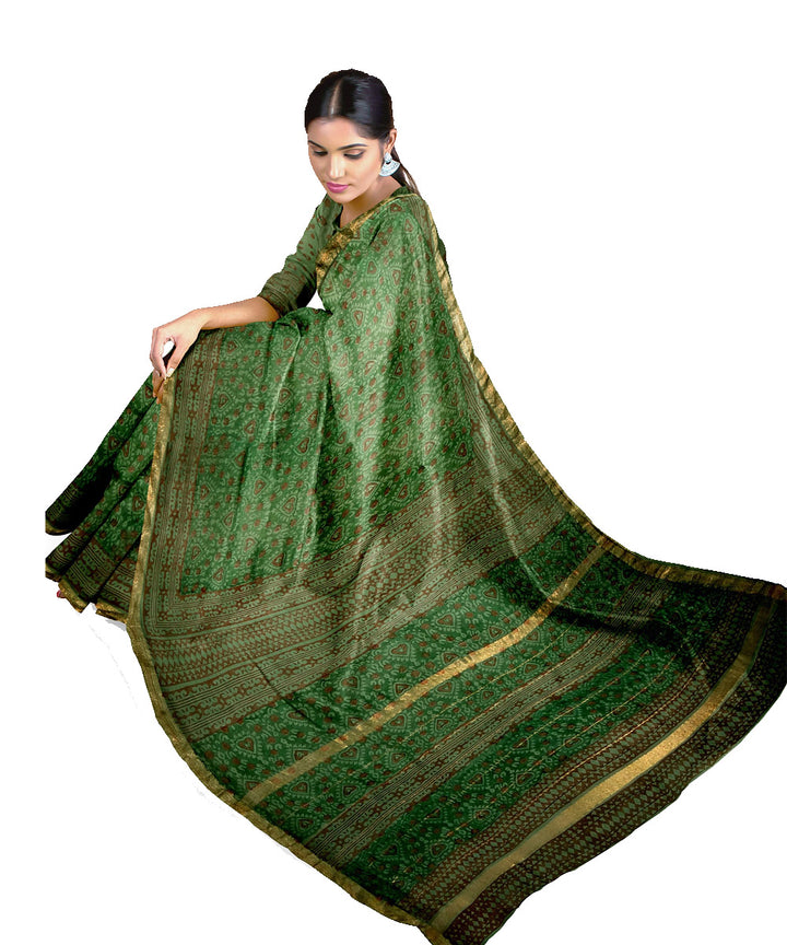Olive green green cotton silk hand printed maheshwari saree