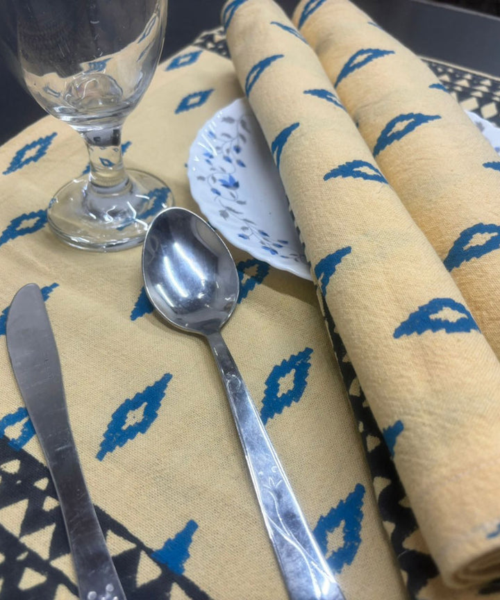 Beige blue hand block printed cotton set of table mat and runner