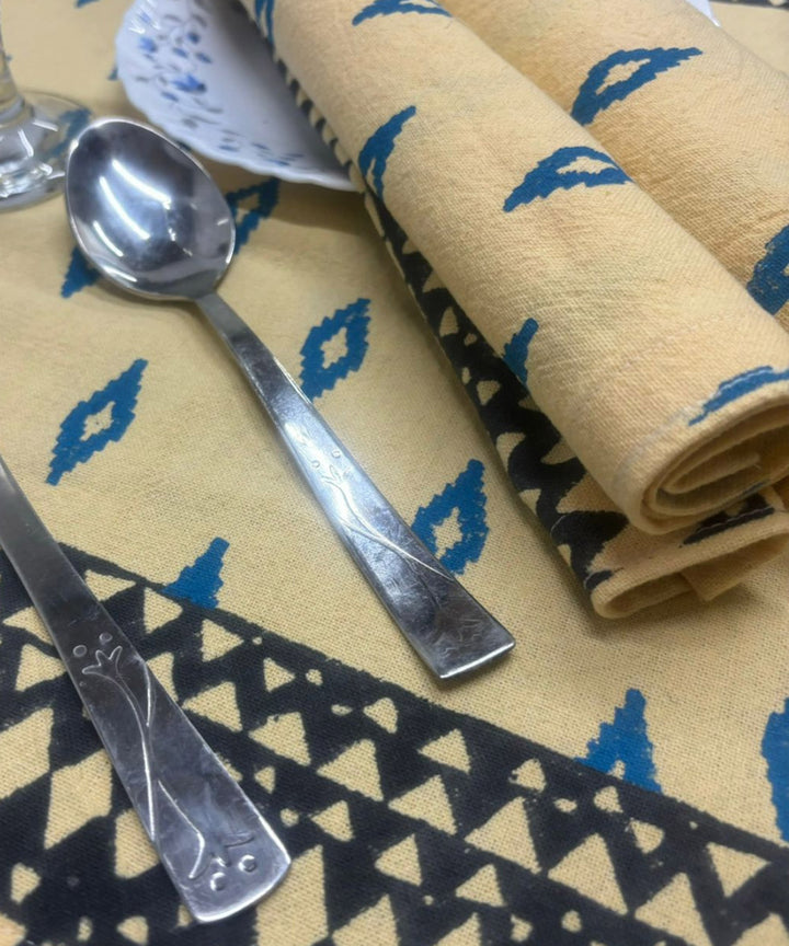 Beige blue hand block printed cotton set of table mat and runner