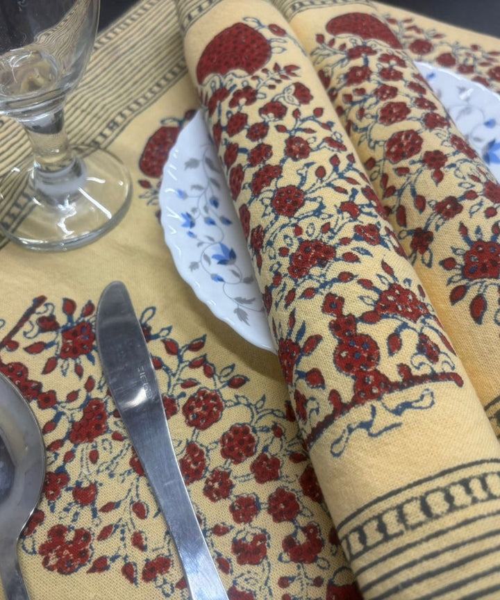 Beige maroon hand block printed cotton set of table mat and runner