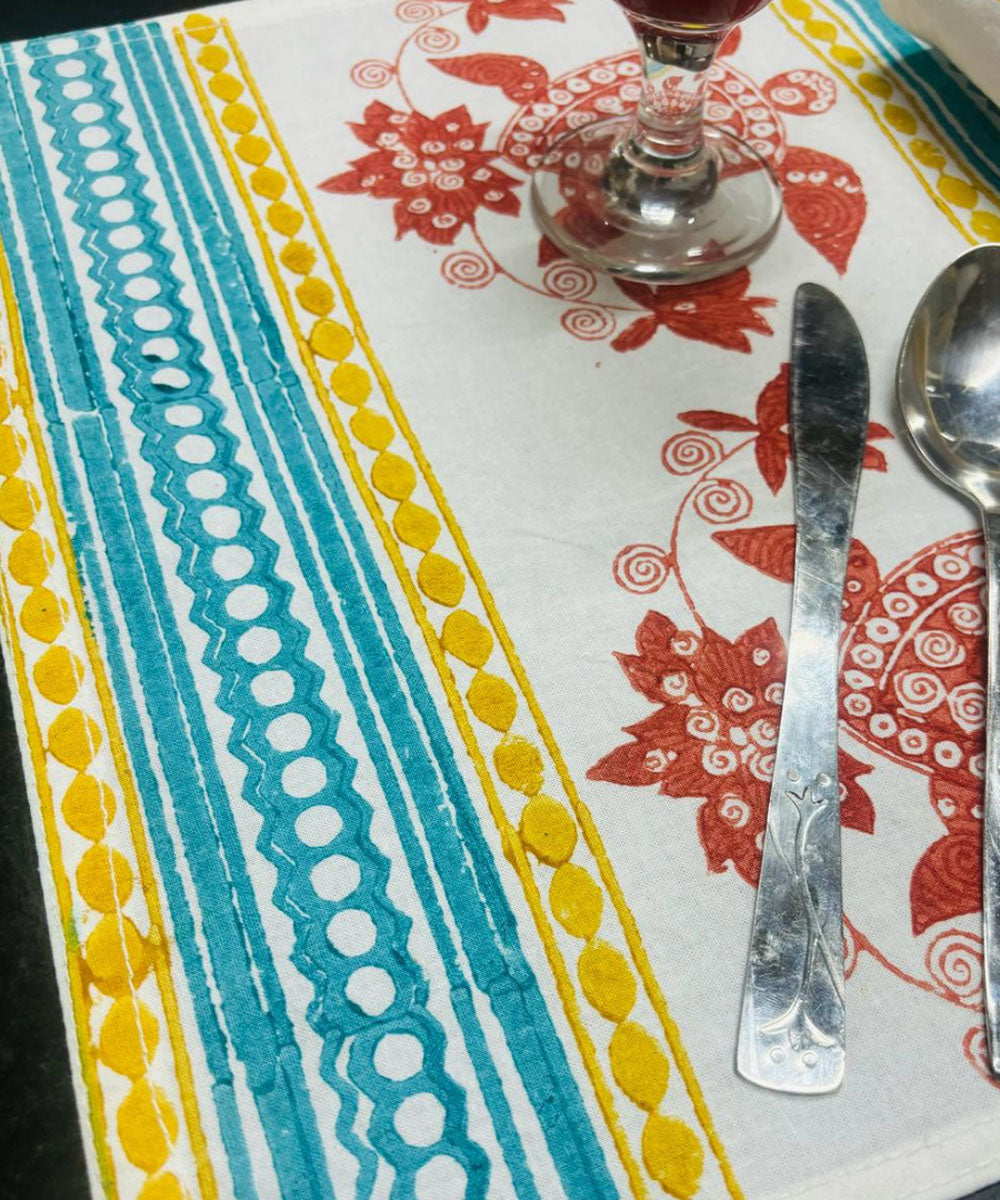 Orange blue hand block printed cotton set of table mat and runner