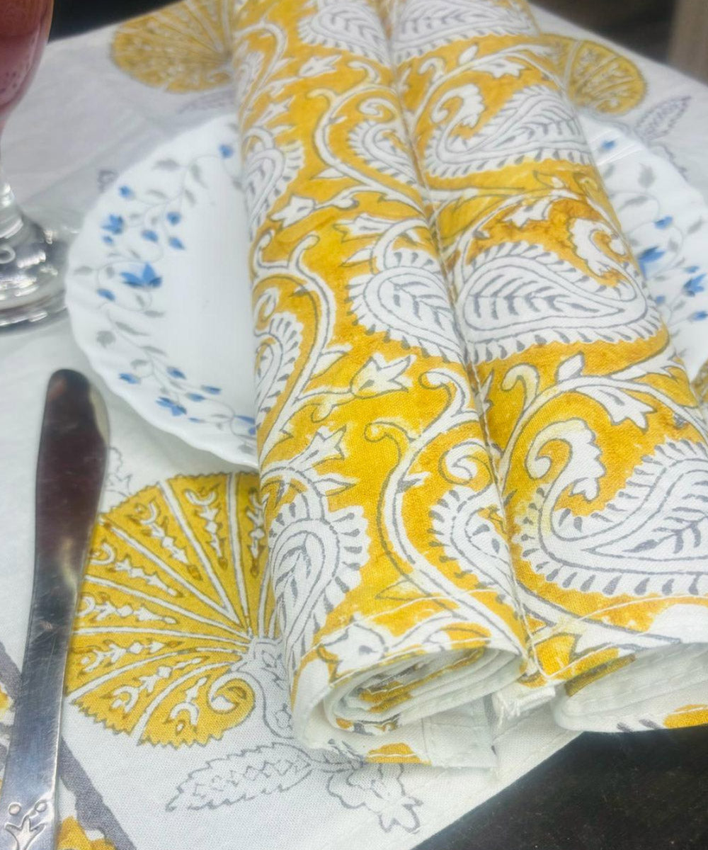 Yellow white cotton hand block printed set of table mat and runner