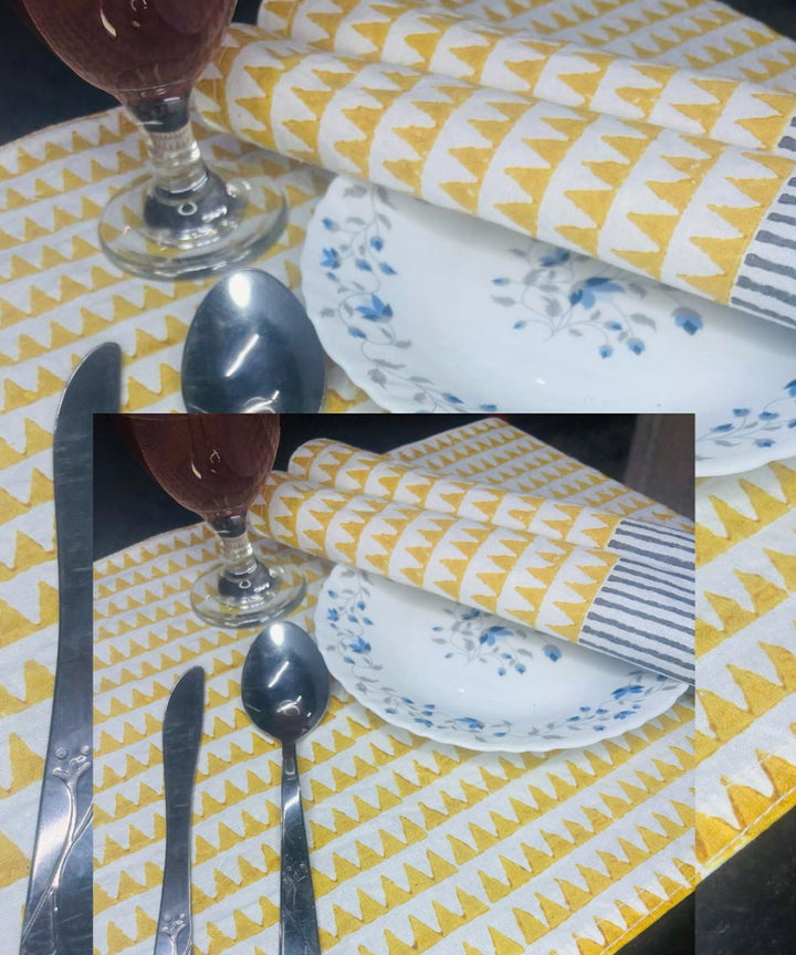 Yellow white hand block printed cotton set of table mat and runner