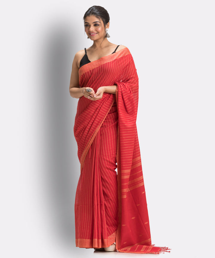 Fire red handwoven cotton bengal saree