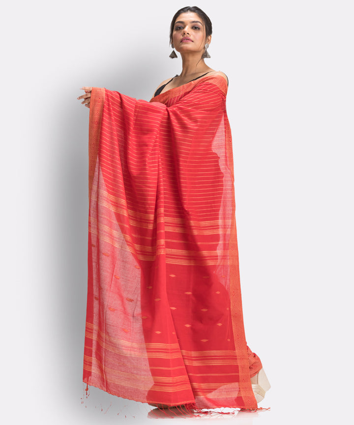 Fire red handwoven cotton bengal saree