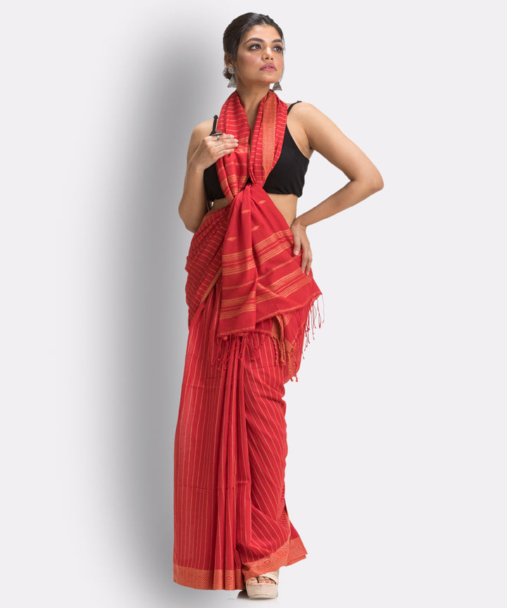 Fire red handwoven cotton bengal saree