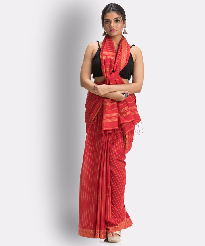 Fire red handwoven cotton bengal saree