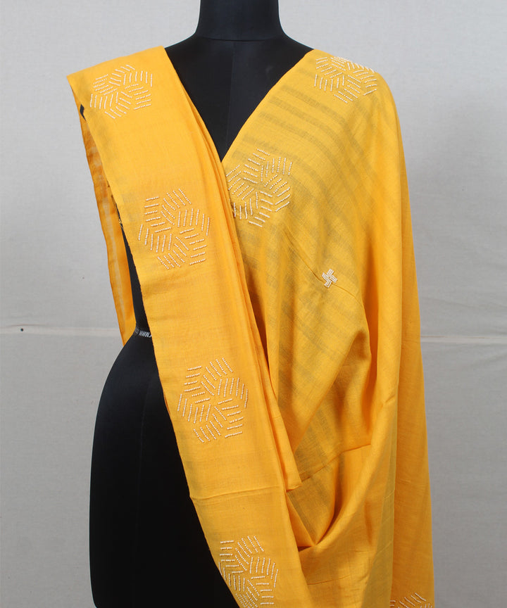 Yellow self striped handwoven cotton baragaon dupatta