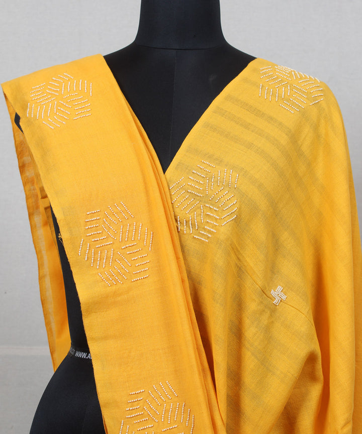 Yellow self striped handwoven cotton baragaon dupatta