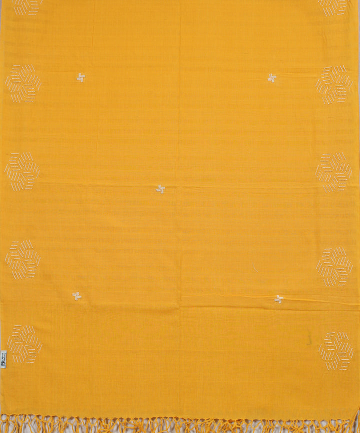 Yellow self striped handwoven cotton baragaon dupatta