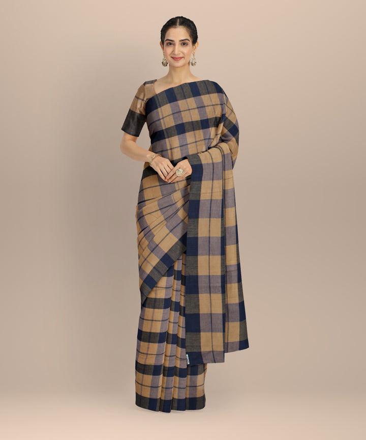Beige black checked cotton handloom baragaon saree