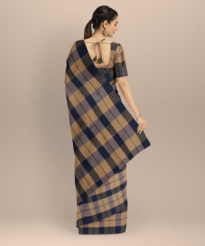 Beige black checked cotton handloom baragaon saree
