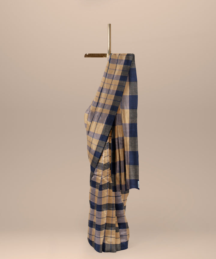 Beige black checked cotton handloom baragaon saree
